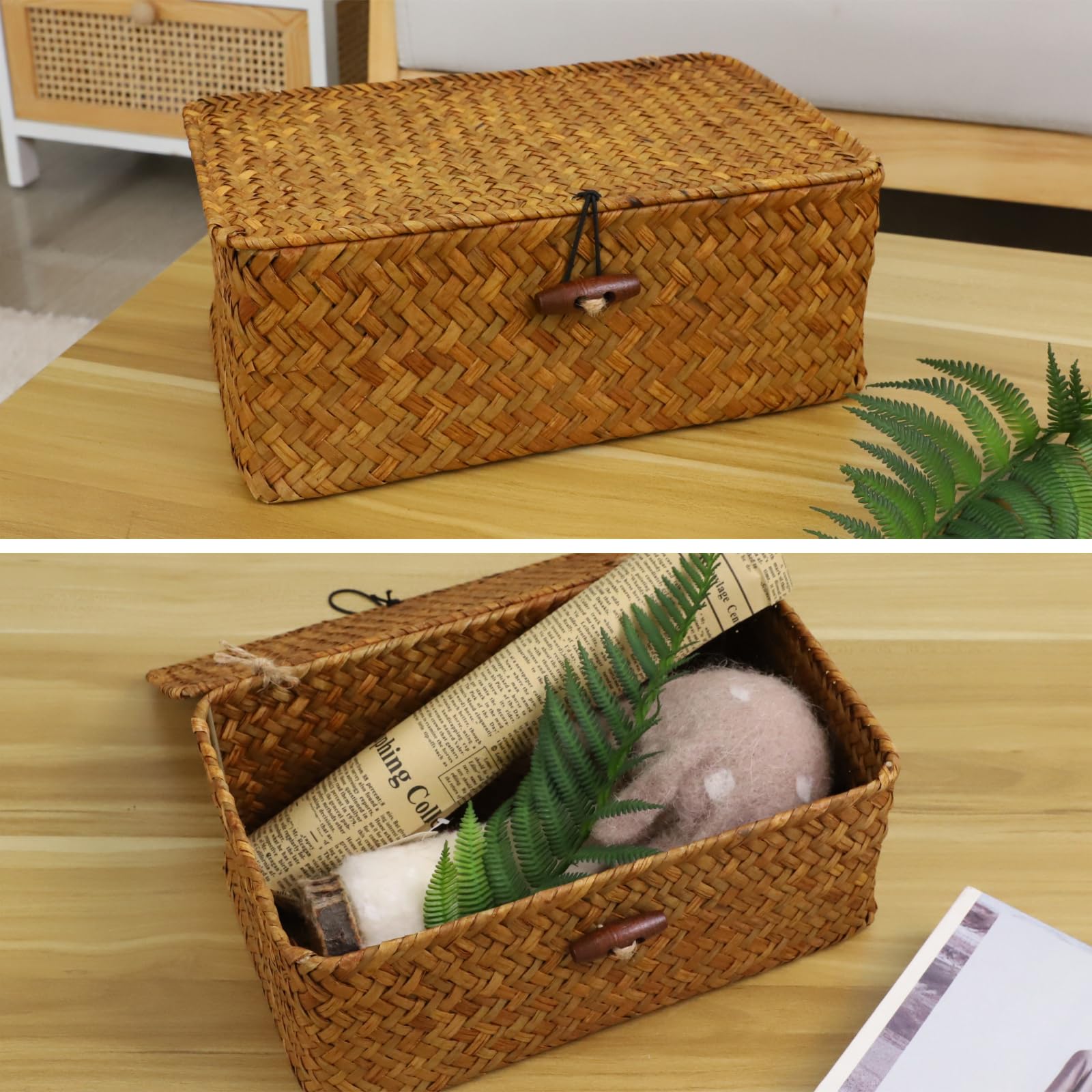 YRHOME Seagrass Rattan Basket Storage with Lid, Natural Hand-woven Rectangular Household Basket Bins for Organizer Boxes Shelf Desk (Original 10.2’’D X 6.7’’W X 4.3’’H)