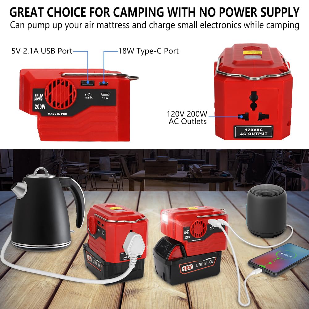 200W Inverter Generator for Milwaukee M18 18V Lithium Battery Portable Power Station Power for Milwaukee Inverter 18V DC to AC 110V-120V Converter with 280LM Light, USB & Type-C Port, AC Outlet