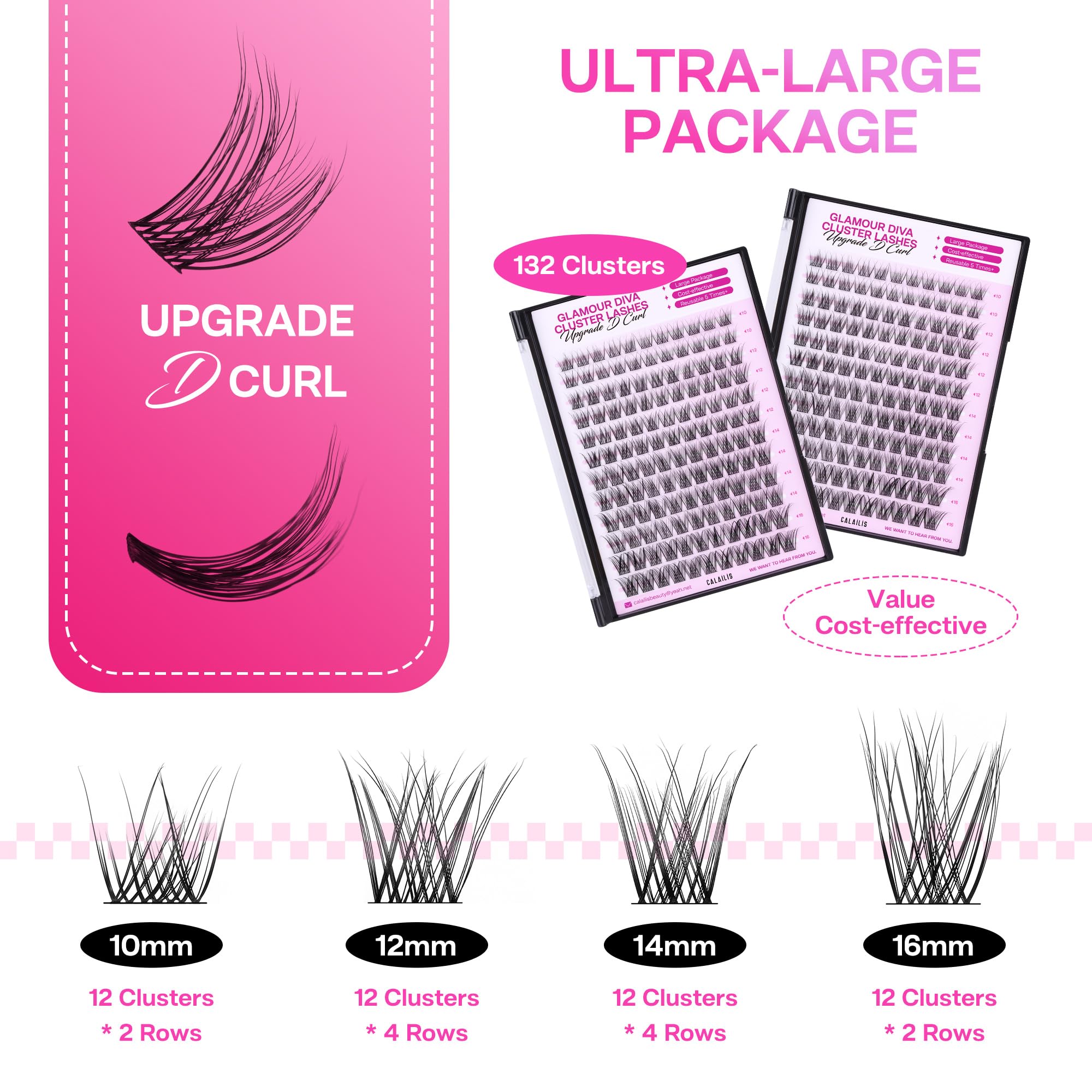 CALAILIS Lash Clusters DIY Eyelash Extensions 132pcs Natural Cluster Lashes Mega Volume Individual Lashes Wispy Eyelash Clusters(DUO14,D-10-16MIX)