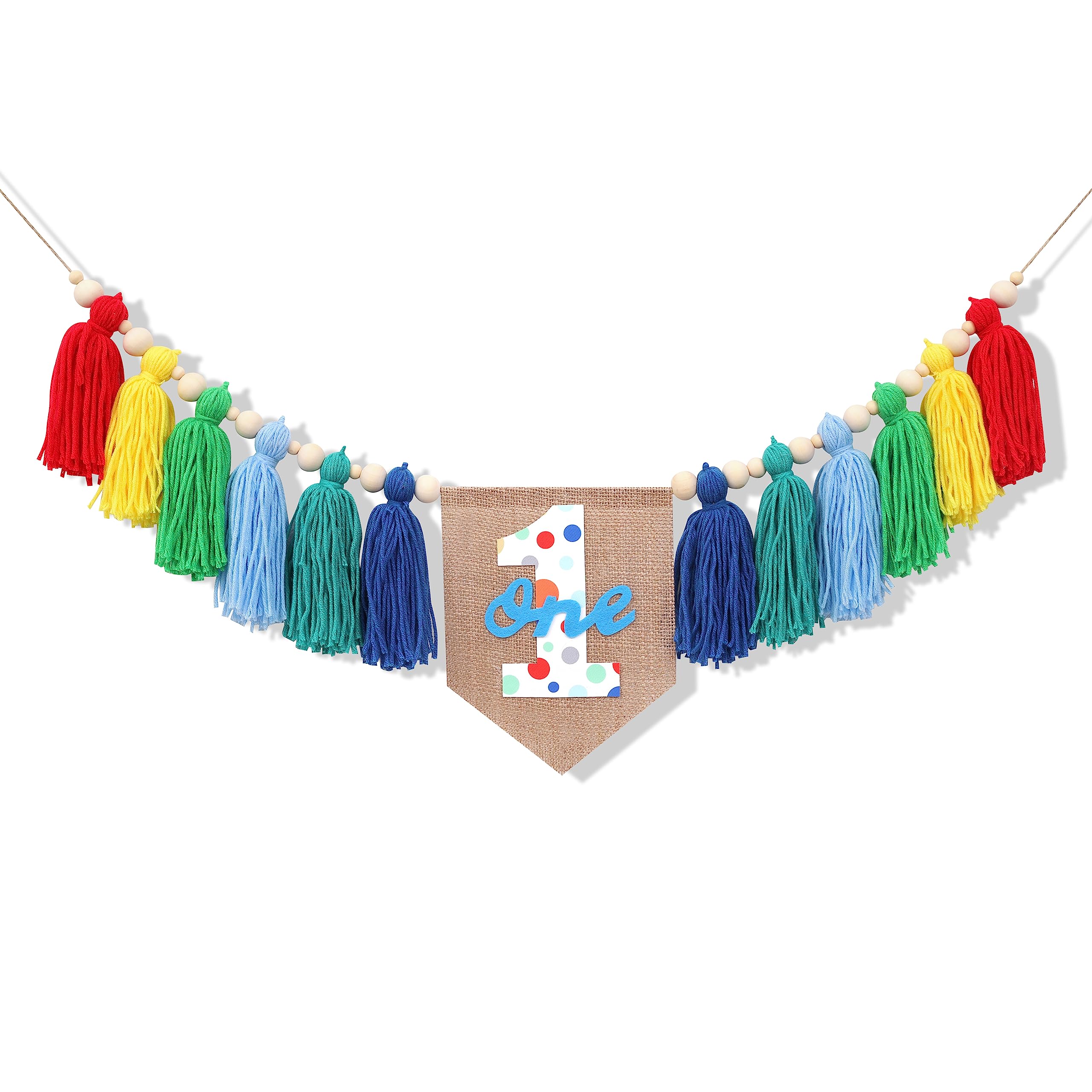 Rainbow 1st High chair Banner - Colorful Tassel Highchair Banner,1st Birthday Boyr,Cake Smash Backdrop Banner,Birthday Highchair Yarn Tassel Banner,Colorful Tassel Banner With Wooden Beads