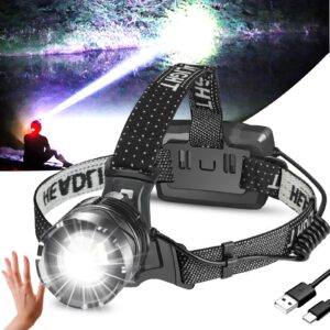 headlamp rechargeable, 150000 super bright headlamp flashlight with 8 modes & sensor function, zoom, battery powered detachable, ip67 waterproof usb head lamp for camping, hunting