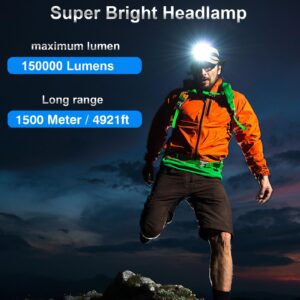 Headlamp Rechargeable, 150000 Super Bright Headlamp Flashlight with 8 Modes & Sensor Function, Zoom, Battery Powered Detachable, IP67 Waterproof USB Head Lamp for Camping, Hunting