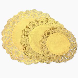seajan 300 pcs paper doilies bulk assorted sizes round paper lace doilies combo disposable paper placemats for wedding tableware decoration cakes desserts baked food, 6.5" 8.5" 10.5"(gold)