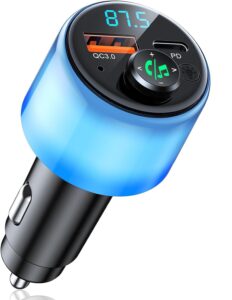 riwusi bluetooth 5.3 fm transmitter for car, [all-over glow] pd 30w+qc 3.0 dual-port fast car charger, wireless fm radio bluetooth car adapter with hands-free calling, hi-fi music player/car kit