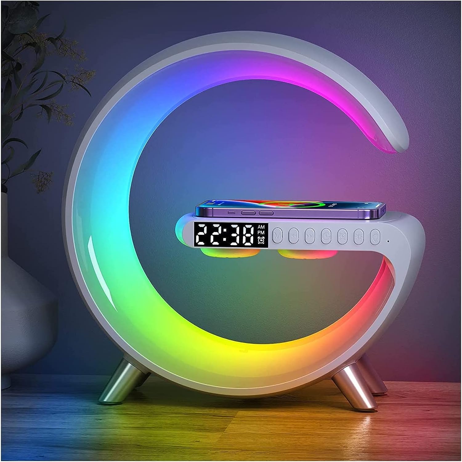 4 in 1 Led Wireless Charging Lamp with Bluetooth Speaker Alarm Clock,Smart Wireless Charger Atmosphere Lamp Night Light for Desk Govee Lamps Bedroom Decor (White)