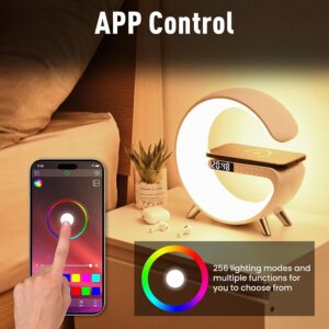 4 in 1 Led Wireless Charging Lamp with Bluetooth Speaker Alarm Clock,Smart Wireless Charger Atmosphere Lamp Night Light for Desk Govee Lamps Bedroom Decor (White)