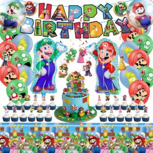 mario party supplies birthday party favors super mario bros birthday decorations include birthday banners, balloons, tablecloth, cake decoration, cupcake toppers, hanging swirls