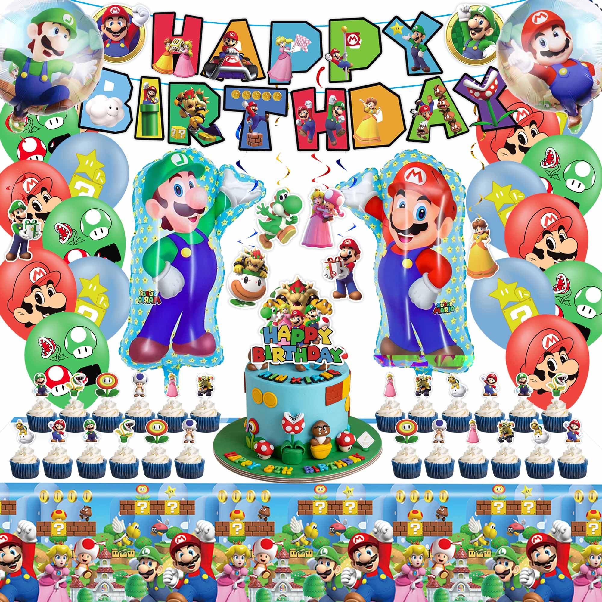 Mario Party Supplies Birthday Party Favors Super Mario Bros Birthday Decorations Include Birthday Banners, Balloons, Tablecloth, Cake Decoration, Cupcake Toppers, Hanging Swirls