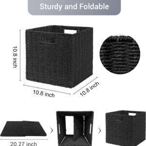 Foneso Wicker Storage Baskets, Black Storage Cubes Set of 2 Hand-Woven with Handle Foldable Large Wicker Baskets Bins for Laundry Room Living Room Shelves Organizing