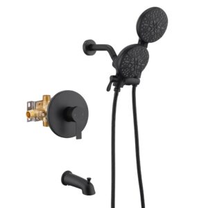 kirlystone matte black shower faucet, black shower system with shower head and handheld spray, high pressure bathtub and shower trim kit with adjustable brass valve