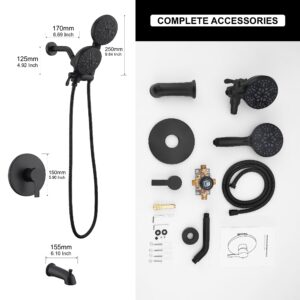 KIRLYSTONE Matte Black Shower Faucet, Black Shower System with Shower Head and Handheld Spray, High Pressure Bathtub and Shower Trim Kit With Adjustable Brass Valve