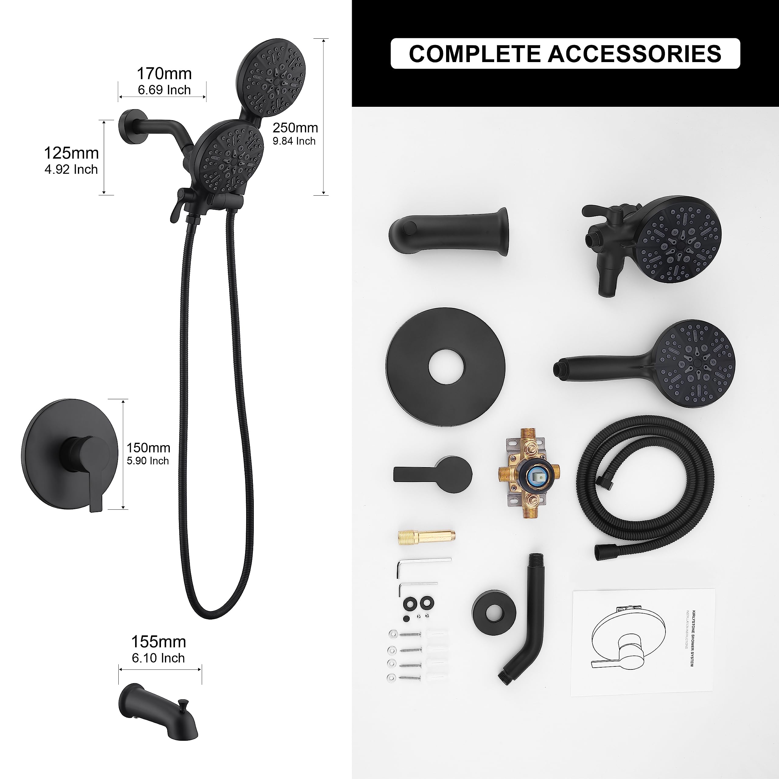 KIRLYSTONE Matte Black Shower Faucet, Black Shower System with Shower Head and Handheld Spray, High Pressure Bathtub and Shower Trim Kit With Adjustable Brass Valve