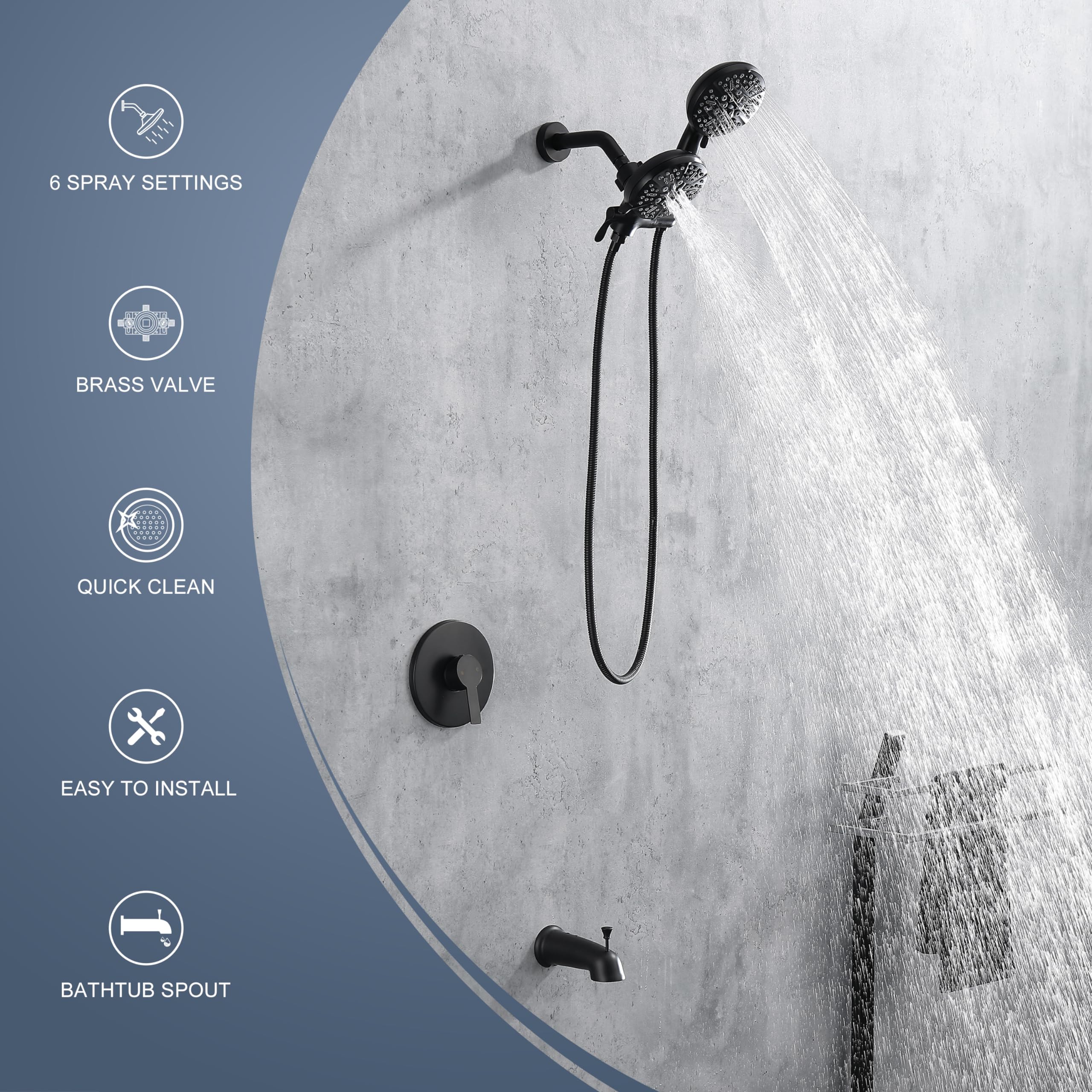 KIRLYSTONE Matte Black Shower Faucet, Black Shower System with Shower Head and Handheld Spray, High Pressure Bathtub and Shower Trim Kit With Adjustable Brass Valve