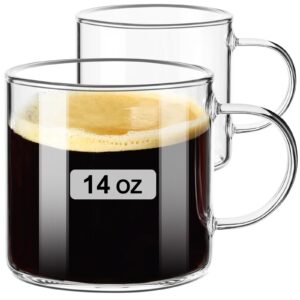 paracity clear coffee mug 14oz, glass coffee mugs set of 2, large glass coffee cups with handle, glass tea cups for hot/cold drink, latte, cappuccino, tea, juice and beer