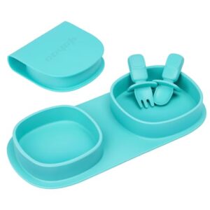 yahaa Toddler Plates Travel Essential on the go,Baby Plates with Forks and Spoons Self Feeding 6 months,Foldable,Silicone,BPA Free,Aqua