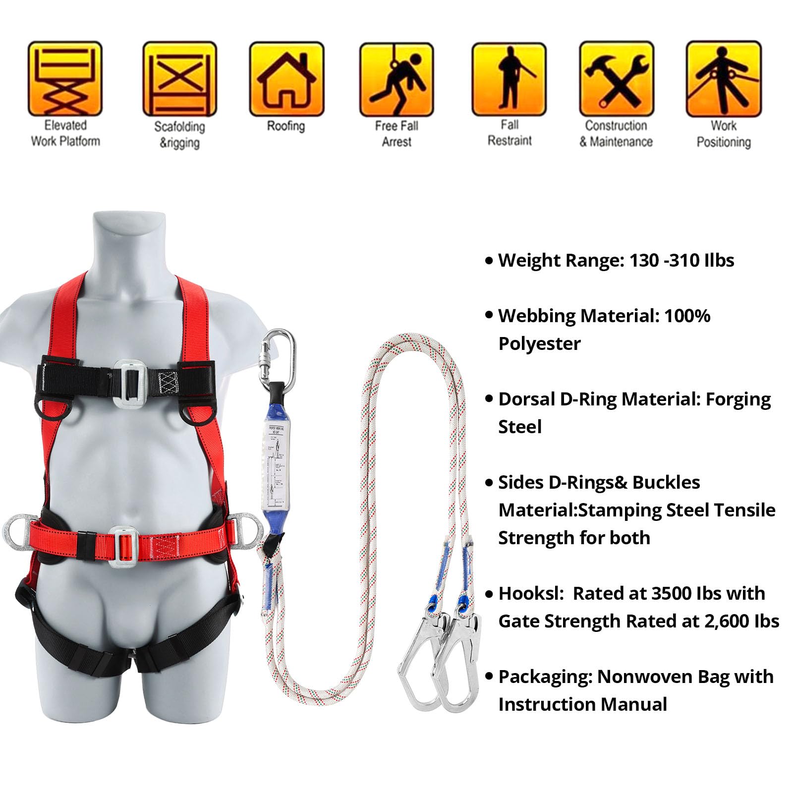 TT TRSMIMA Safety Harness Fall Protection Kit: Full Body Roofing harnesses with Shock Absorbing Lanyard - Updated Comfortable Waist Pad