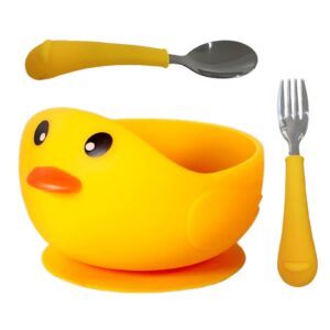 oligey baby solid food self feeding set includes toddler suction silicone bowl with spoon and fork bonus,carton duck kid first stage eating utensils make child learning happy in led weaning(yellow)