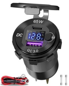 83w 12v usb power outlet, qidoe aluminum 65w pd usb-c laptop charger socket and 18w qc3.0 car usb port with digital voltmeter button switch smart boosting 12v usb outlet for car rv marine boat moto