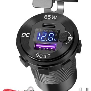 83W 12V USB Power Outlet, Qidoe Aluminum 65W PD USB-C Laptop Charger Socket and 18W QC3.0 Car USB Port with Digital Voltmeter Button Switch Smart Boosting 12V USB Outlet for Car RV Marine Boat Moto