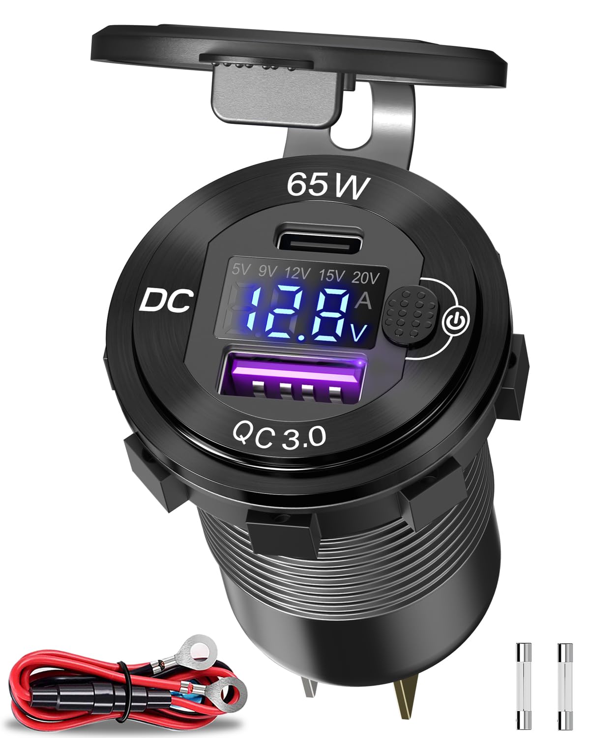 83W 12V USB Power Outlet, Qidoe Aluminum 65W PD USB-C Laptop Charger Socket and 18W QC3.0 Car USB Port with Digital Voltmeter Button Switch Smart Boosting 12V USB Outlet for Car RV Marine Boat Moto