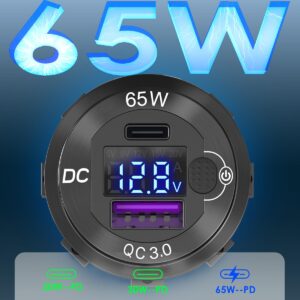 83W 12V USB Power Outlet, Qidoe Aluminum 65W PD USB-C Laptop Charger Socket and 18W QC3.0 Car USB Port with Digital Voltmeter Button Switch Smart Boosting 12V USB Outlet for Car RV Marine Boat Moto