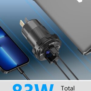 83W 12V USB Power Outlet, Qidoe Aluminum 65W PD USB-C Laptop Charger Socket and 18W QC3.0 Car USB Port with Digital Voltmeter Button Switch Smart Boosting 12V USB Outlet for Car RV Marine Boat Moto