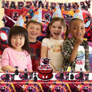 Spider Miles Morales Birthday Party Decorations, Spider Miles Party Supplies Include Birthday Banner, Balloons, Tablecloth, Plates, Cupcake Toppers, Backdrop for Black Spider Birthday