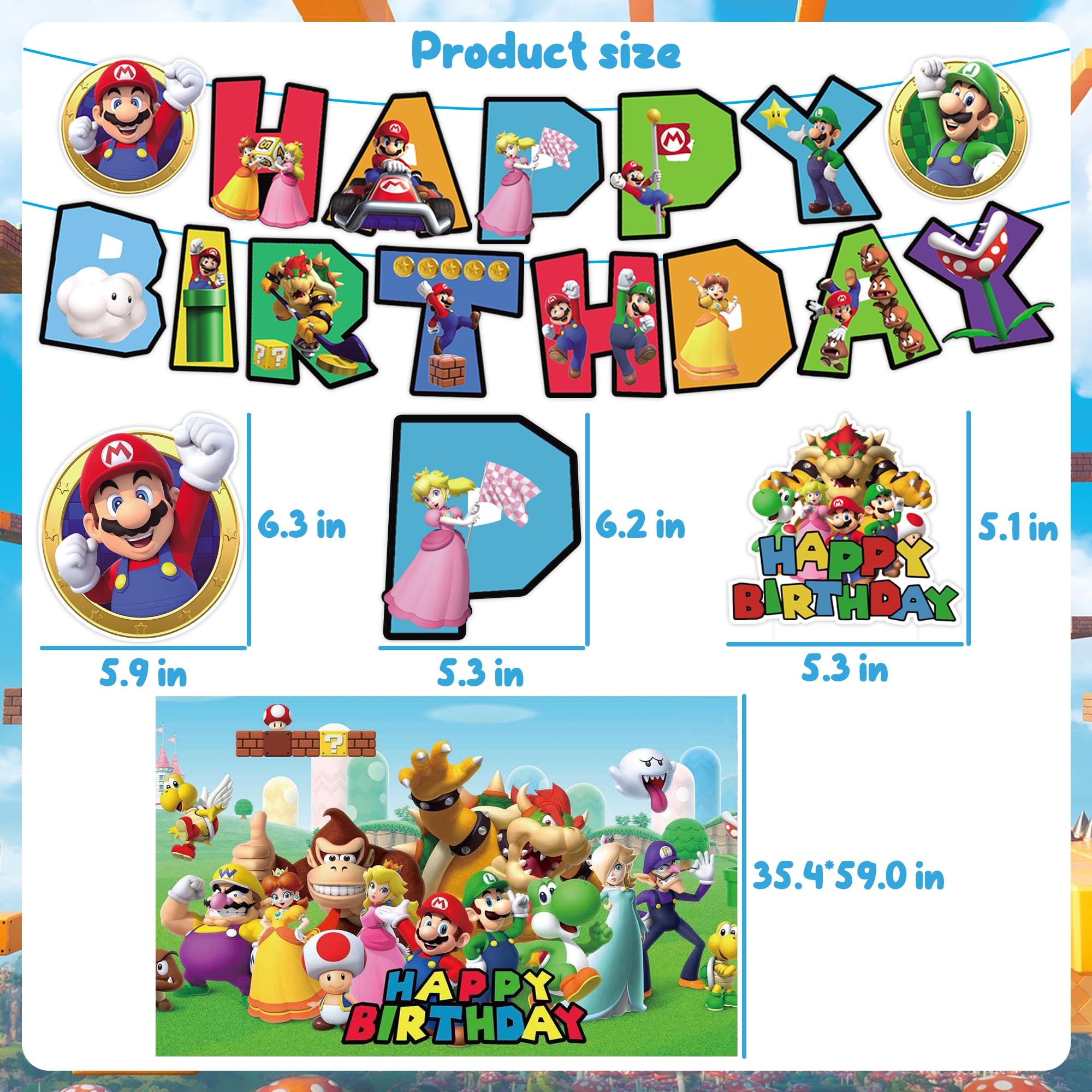 Mario Party Decorations Birthday Party Supplies Super Mario Bros Birthday Favors Include Birthday Banners, Backdrop, Balloons, Cake Decoration, Cupcake Toppers, Hanging Swirls