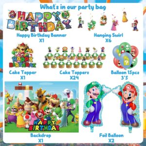 Mario Party Decorations Birthday Party Supplies Super Mario Bros Birthday Favors Include Birthday Banners, Backdrop, Balloons, Cake Decoration, Cupcake Toppers, Hanging Swirls