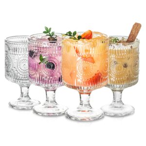 romantic vintage goblet glasses of 4, charming vintage embossed floral decorative glass cups set, mixed drink glasses, for bars, restaurants, party, and elegant dinners, 8 oz wine glasses