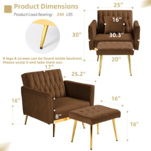 ACMEASE 2 Pieces Velvet Sofa Set with Adjustable Armrest and Backrest, 70” Convertible Futon Sofa Bed & Mordern Accent Chair with Ottoman for Living Room, Bedroom, Brown