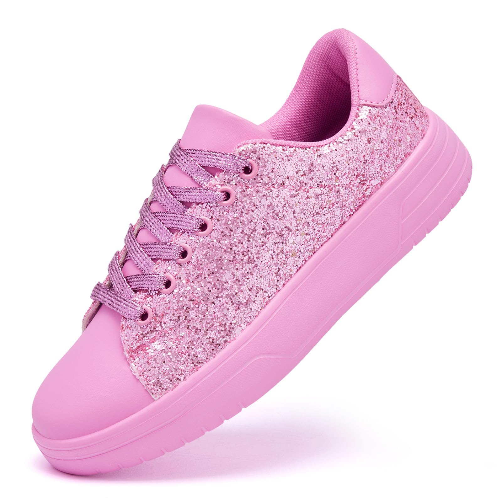 Women's Glitter Sneakers Shiny Sequin Tennis Rhinestone Bling Fashion Sneaker Sparkly Walking Casual Lace Up Shoes Pink