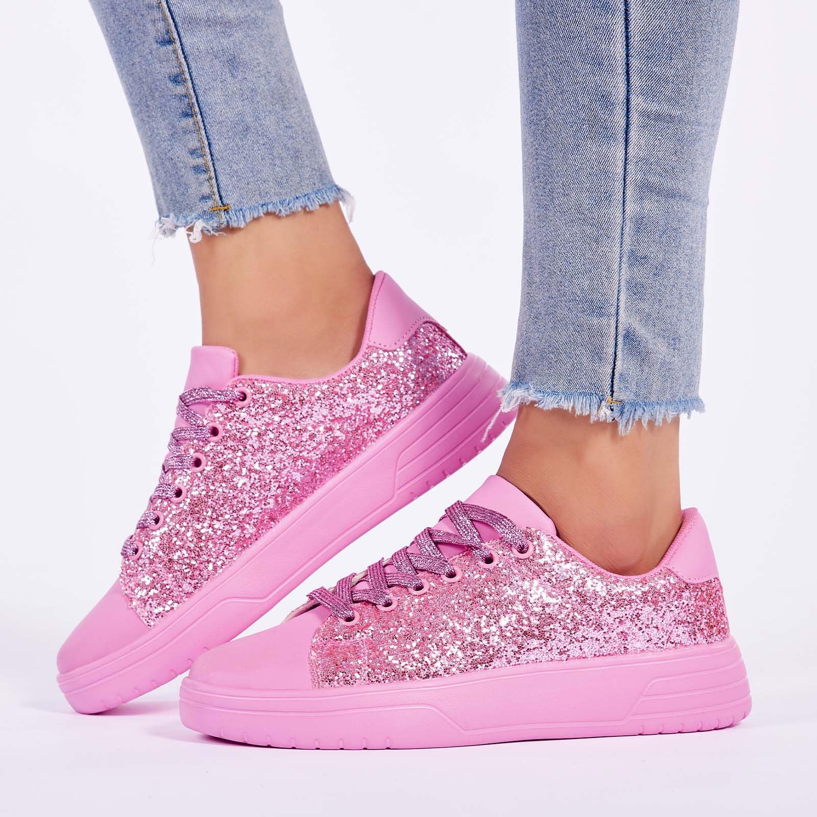 Women's Glitter Sneakers Shiny Sequin Tennis Rhinestone Bling Fashion Sneaker Sparkly Walking Casual Lace Up Shoes Pink