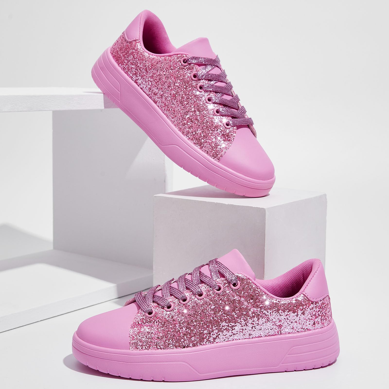 Women's Glitter Sneakers Shiny Sequin Tennis Rhinestone Bling Fashion Sneaker Sparkly Walking Casual Lace Up Shoes Pink