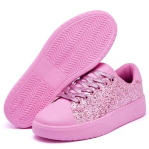 Women's Glitter Sneakers Shiny Sequin Tennis Rhinestone Bling Fashion Sneaker Sparkly Walking Casual Lace Up Shoes Pink