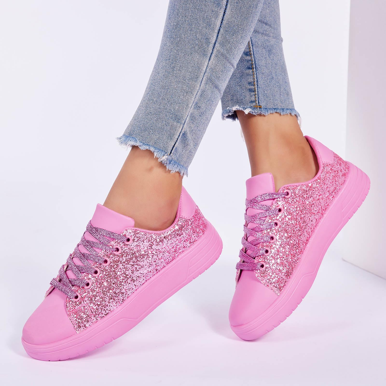 Women's Glitter Sneakers Shiny Sequin Tennis Rhinestone Bling Fashion Sneaker Sparkly Walking Casual Lace Up Shoes Pink