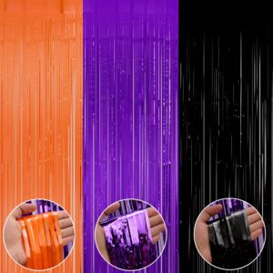 halloween backdrop curtains 3 pack 8.5x9.84 ft halloween party photo backdrop black orange purple photo booth props metallic tinsel foil fringe curtain for halloween party decoration supplies