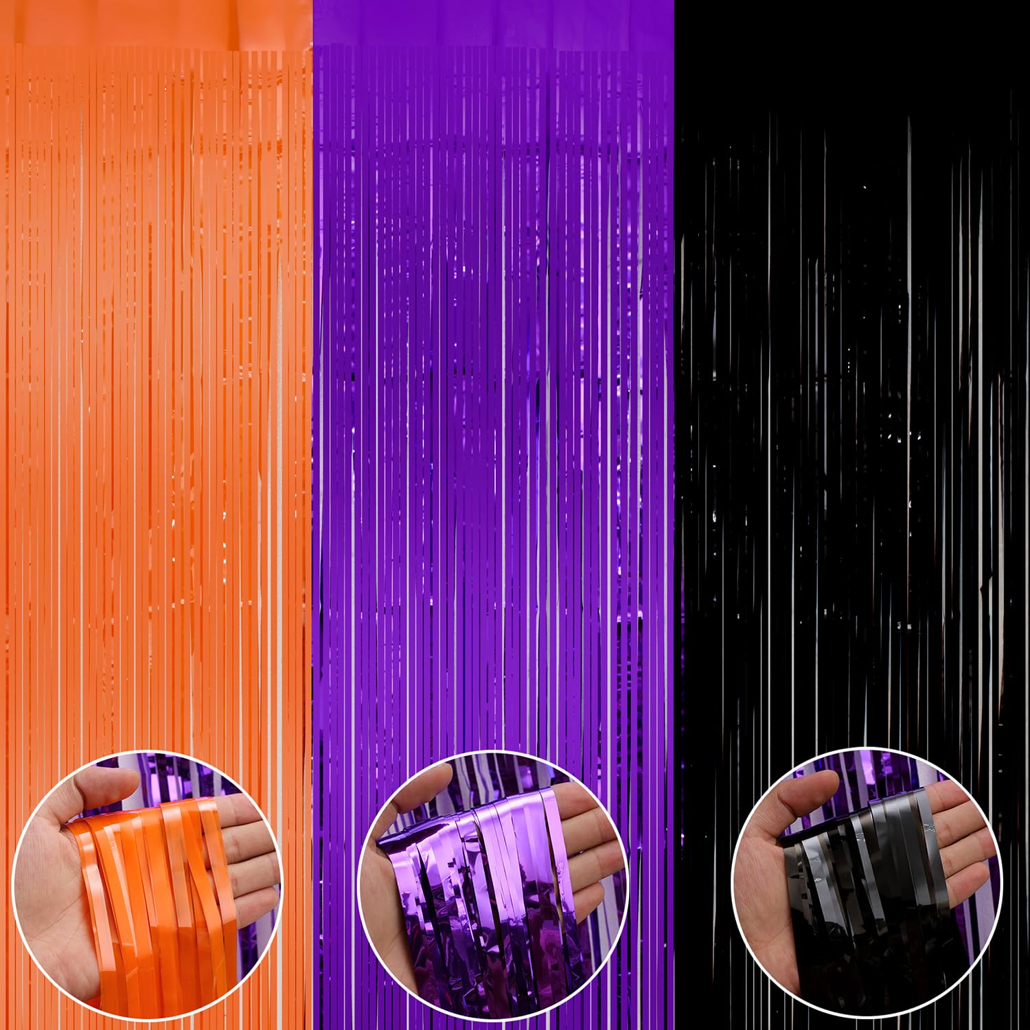 Halloween Backdrop Curtains 3 Pack 8.5X9.84 ft Halloween Party Photo Backdrop Black Orange Purple Photo Booth Props Metallic Tinsel Foil Fringe Curtain for Halloween Party Decoration Supplies