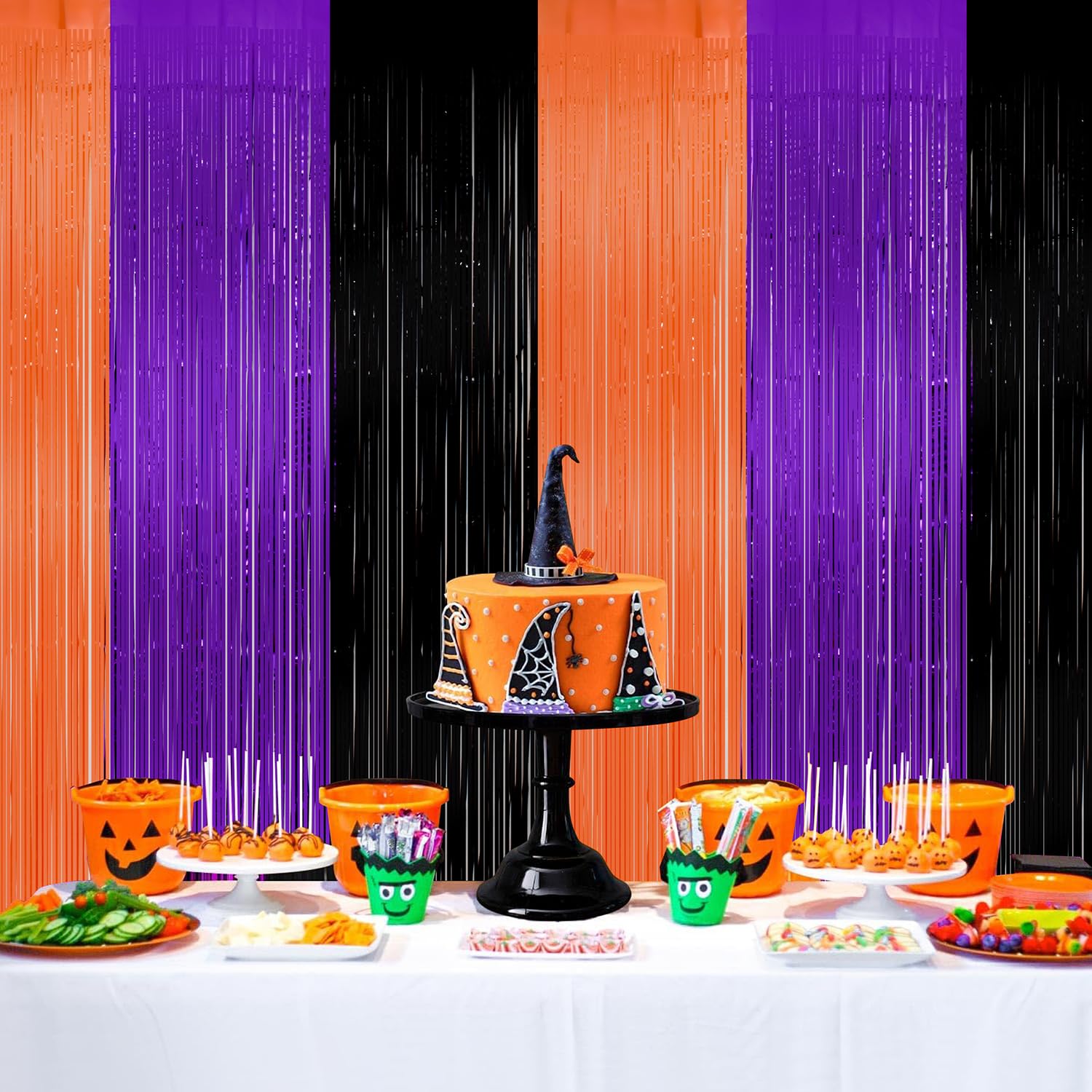 Halloween Backdrop Curtains 3 Pack 8.5X9.84 ft Halloween Party Photo Backdrop Black Orange Purple Photo Booth Props Metallic Tinsel Foil Fringe Curtain for Halloween Party Decoration Supplies