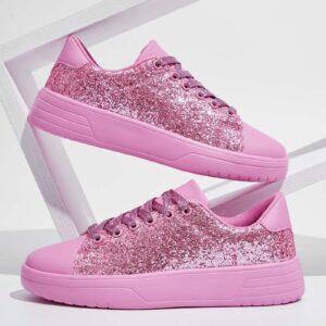 Women's Glitter Sneakers Shiny Sequin Tennis Rhinestone Bling Fashion Sneaker Sparkly Walking Casual Lace Up Shoes Pink