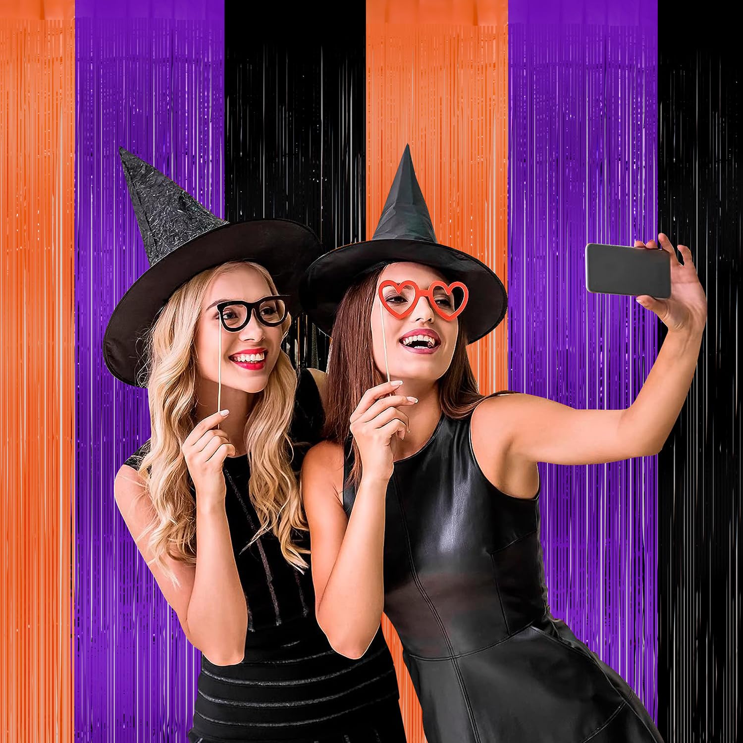 Halloween Backdrop Curtains 3 Pack 8.5X9.84 ft Halloween Party Photo Backdrop Black Orange Purple Photo Booth Props Metallic Tinsel Foil Fringe Curtain for Halloween Party Decoration Supplies