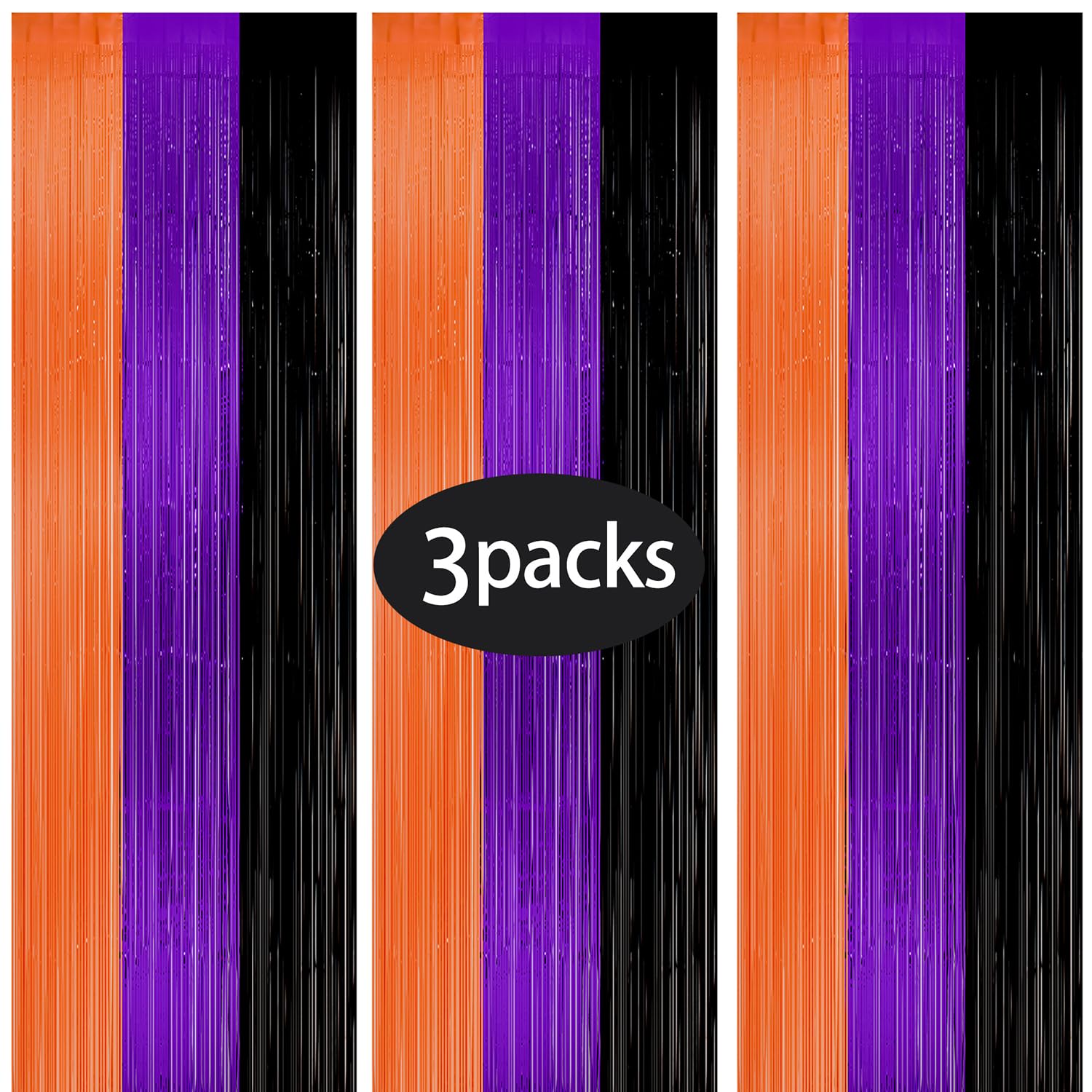 Halloween Backdrop Curtains 3 Pack 8.5X9.84 ft Halloween Party Photo Backdrop Black Orange Purple Photo Booth Props Metallic Tinsel Foil Fringe Curtain for Halloween Party Decoration Supplies