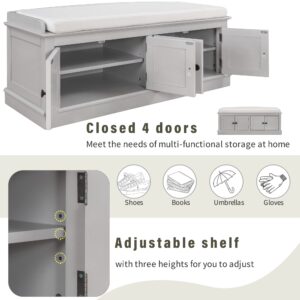 ROOMTEC Storage 4 Doors and Adjustable Shelves, Shoe Bench w/Removable Cushion & Seating for Entryway Living Room Hallway Bedroom,Grey