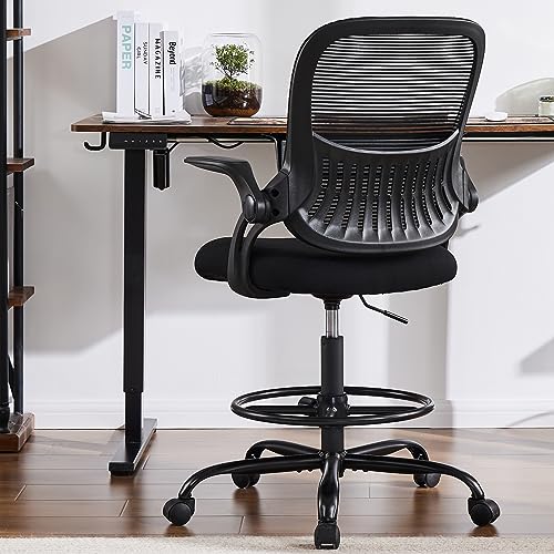 Sweetcrispy Drafting Tall Office Chair, High Ergonomic Standing Desk Computer Chairs-Mid-Back Mesh, Counter Height Stool with Flip-up Arms, Wheels and Adjustable Foot-Ring for Bar, Lab, Work, Black