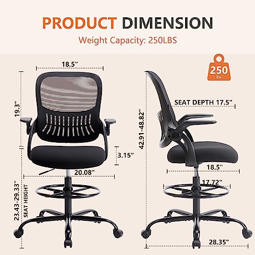 Sweetcrispy Drafting Tall Office Chair, High Ergonomic Standing Desk Computer Chairs-Mid-Back Mesh, Counter Height Stool with Flip-up Arms, Wheels and Adjustable Foot-Ring for Bar, Lab, Work, Black