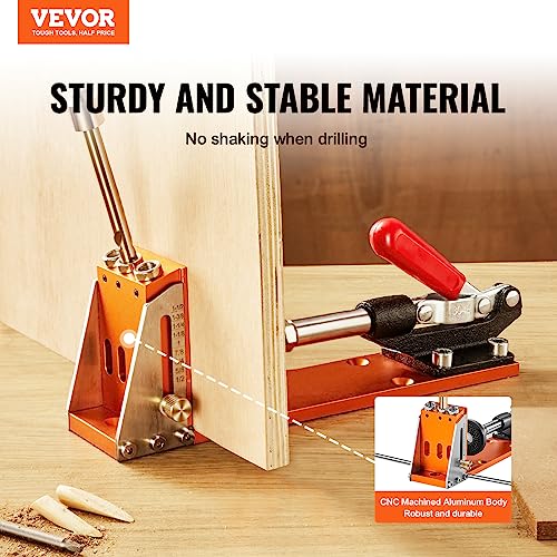 VEVOR 30 Pcs Pocket Hole Jig Kit, Adjustable & Easy to Use Pocket Hole Jig System with Step Drills, Wrenches, Drill Stop Rings, and Square Drive Bits, Dual Scale Marks for DIY Carpentry Projects