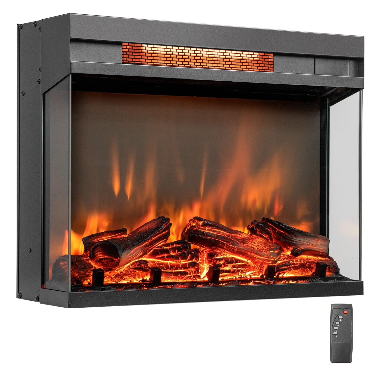 COSTWAY 3-Sided Electric Fireplace Insert with Remote Control, 23-inch Log Heater with Thermostat, Adjustable Brightness, 8H Timer, Overheat Protection, Fireplace Heater for Indoor Use, 1500W