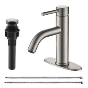 phichi brushed nickel single-handle bathroom faucet, 1 or 3 hole basin bath tap with pop up drain and deck plate, modern one-hole rv faucet washbasin faucet countertop