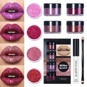 kawaii kisses glitter lip kit, 4 colors glitter lip kit gloss, shiny diamond and metallic lip glitter makeup lipstick lip gloss glitter lipstick, glitter lips makeup with lip primer and brush(a)