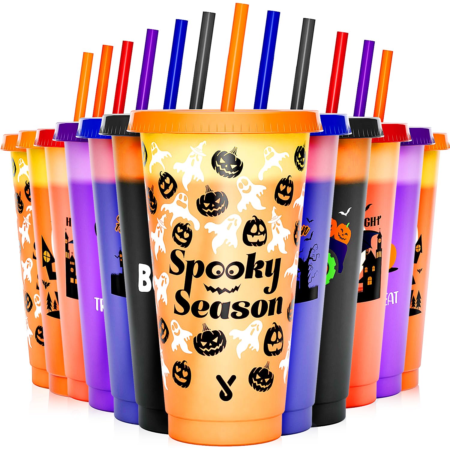 Halloween Decorations, Color Changing Reusable Cups with Lids and Straws - 6 Pack 24 oz Plastic Tumblers Bulk, Reusable for Party Favors